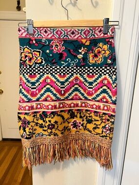 Anthropologie Multicolor Floral Chevron Knit Pencil Skirt with Fringe
